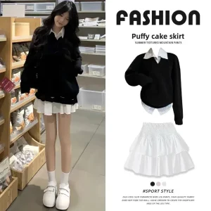 Gonna torta in chiffon bianco Minigonna a vita alta da donna a vita alta Minigonna estiva dimagrante con orlo arricciato a pieghe Alla moda 1