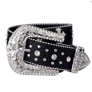 Cintura con rivetti incrociati neri Fibbia incisa Decorazione con strass Cintura in PU Cintura per jeans Hip Hop Cintura per pantaloni Punk Western Cowboy Cowgirl Cinture 1