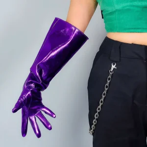 DooWay Guanti in pelle viola unisex Shine Wet Look maniche a sbuffo LATTICE sintetico verniciato 50 cm Gomito lungo da sera Guanto da costume di moda 1