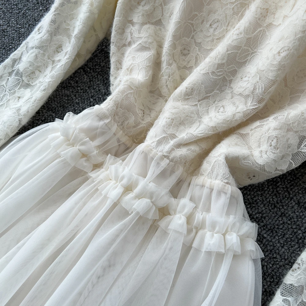 Chic vintage pizzo maglia manica lunga Elegante fata moda coreana autunno vestito estivo abbigliamento donna 6