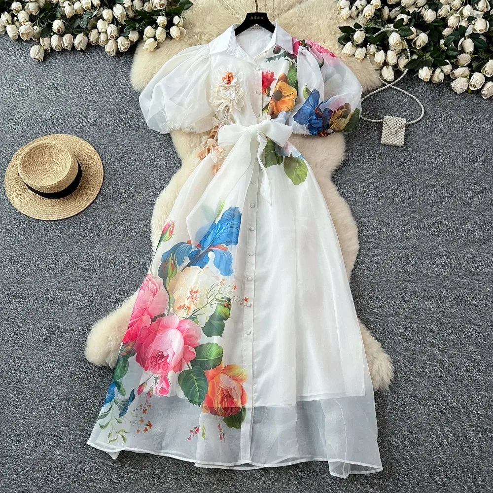 Chic vintage Sexy stampa maglia con lacci pulsante Fata Estate Donna Boho Vestito estivo abbigliamento donna Abito lungo 2