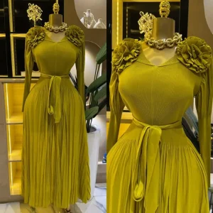 ANLAN Flower Design Plus Size Abito a pieghe Moda Maniche lunghe Cintura Vita raccolta Abiti da festa solidi per le donne 2025 Nuovo 2A96 1