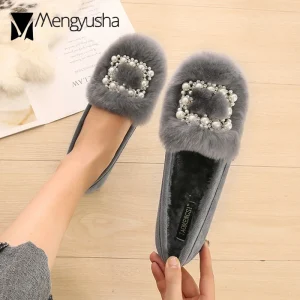 Vera pelliccia di coniglio scarpe donna inverno peluche appartamenti di cotone String perline fibbia mocassini donna taglie forti mocassini felpe scarpe da neve 1