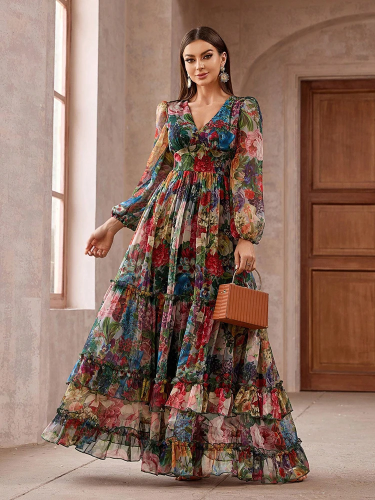TOLEEN 2024 Nuovo Casual Elegante Boho Vacanza Abiti Da Festa delle Donne Vintage Stampa Floreale Manica Lunga Volant Trim Estate Maxi Vestito 6