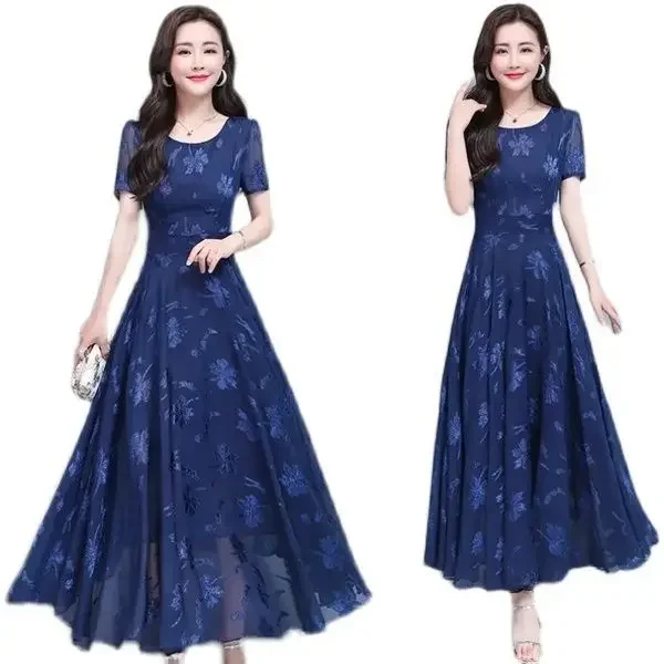 Abito stampato a maniche corte da donna nuovo estivo Gonna lunga svasata in vita dimagrante Abito casual elegante alla moda stile coreano 5