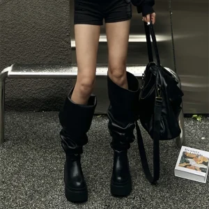 Stivali alti al ginocchio da donna grossi invernali moda Slip On stivaletti lunghi pieghettati tacchi quadrati vestito da festa scarpe da donna 1