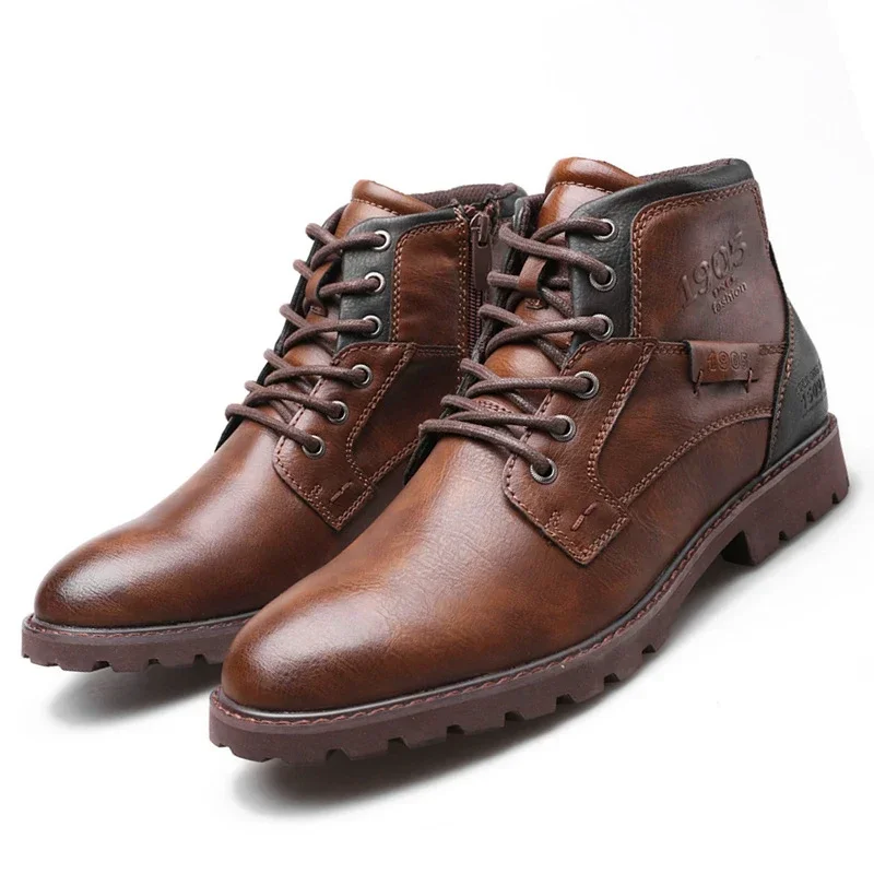 Stivaletti da uomo in pelle High Top Calzature da lavoro all'aperto Moto Clevintage Stivale da cowboy Scarpe casual da uomo di moda Zapatillas Uomo 1