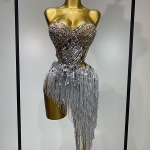 Costume da donna sexy per ballerino e cantante, discoteca, bar, ragazza, con diamanti scintillanti, nappa, set da due pezzi, abito da sera per feste 1