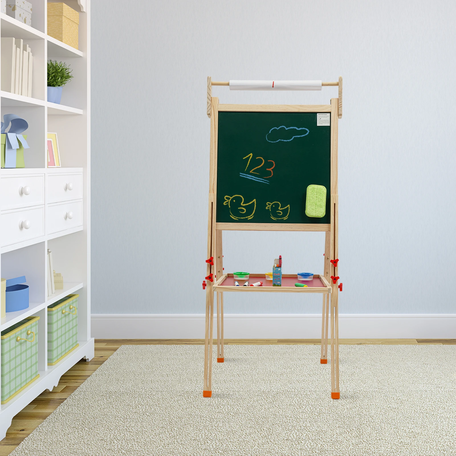 Cavalletto artistico bifacciale con gesso, gomma da tavola, altezza regolabile 85-144 cm, da utilizzare nelle asilo, le camerette dei bambini, colore legno 1