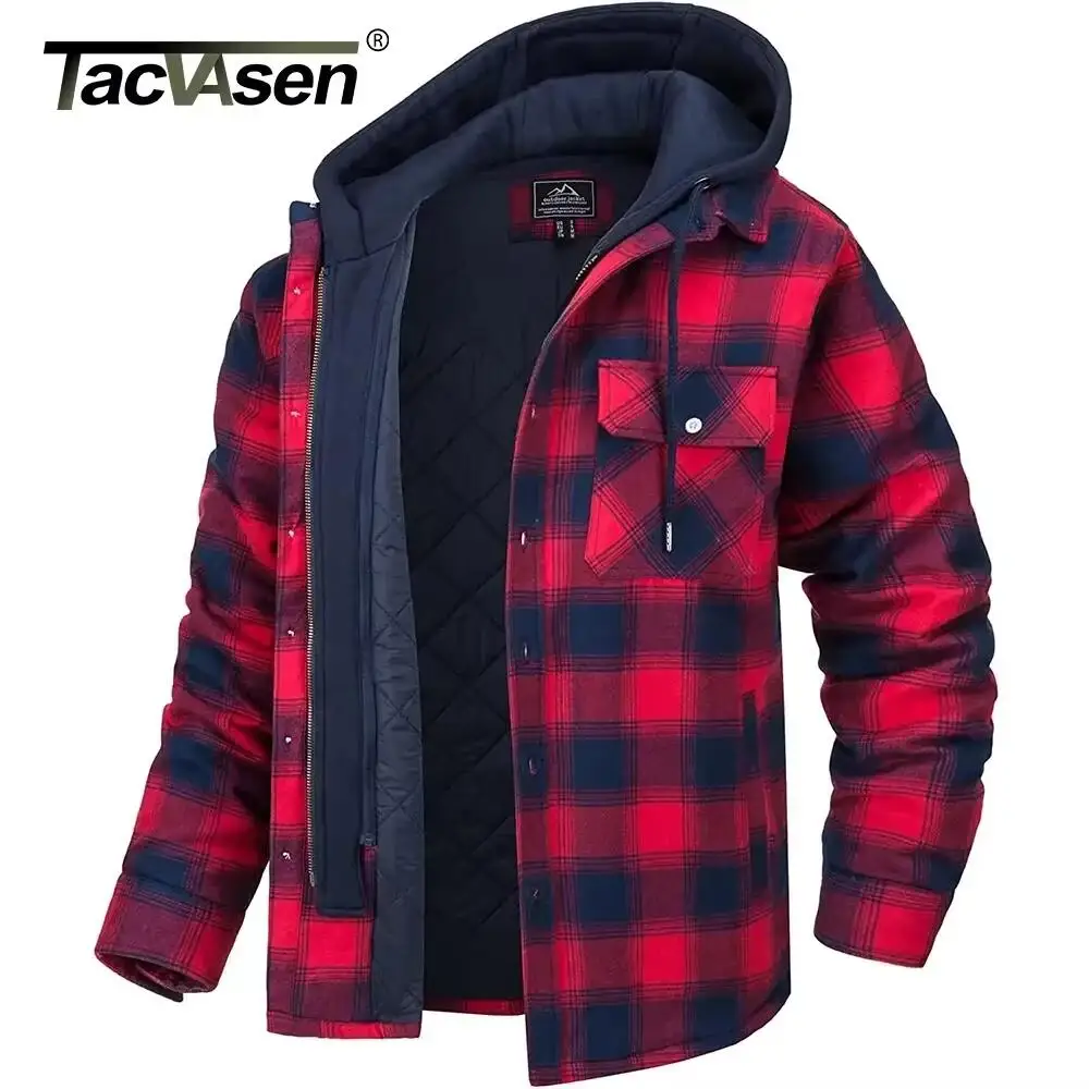 TACVASEN camicia di flanella da uomo giacca con cappuccio rimovibile Plaid trapuntato foderato cappotti invernali felpa con cappuccio spessa Outwear uomo camicie in pile 1