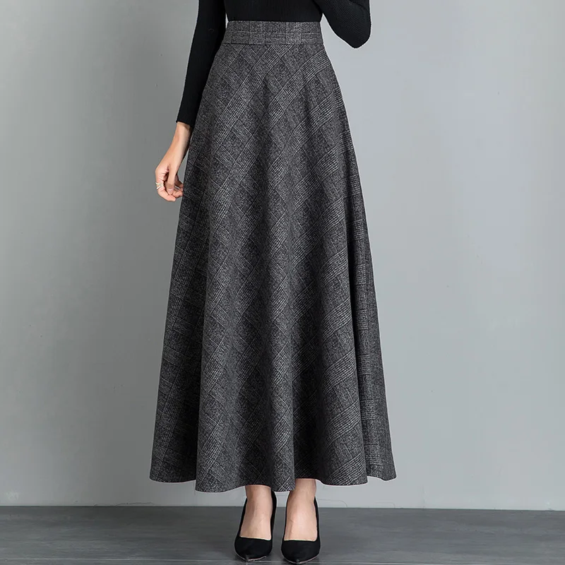 Nuovo Donna Gonna lunga di lana Autunno Inverno Moda Vita alta elastica A-line Gonna a quadri in misto lana Vintage Gonna elegante 5