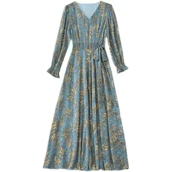 Abito lungo a trapezio snellente di media lunghezza in stile coreano Abito lungo con collo a polo e maniche da principessa per le donne nelle loro foreste e cinquanta 5