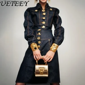 Gonna snellente con bottoni impiombati solidi di tendenza per le donne Temperamento a vita alta Elegante gonna di jeans Abiti stile moda femminile 1