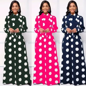 Abiti Casual eleganti donna abito lungo manica abito femminile nodo fiocco pois abiti da ragazza Maxi abiti da donna 1