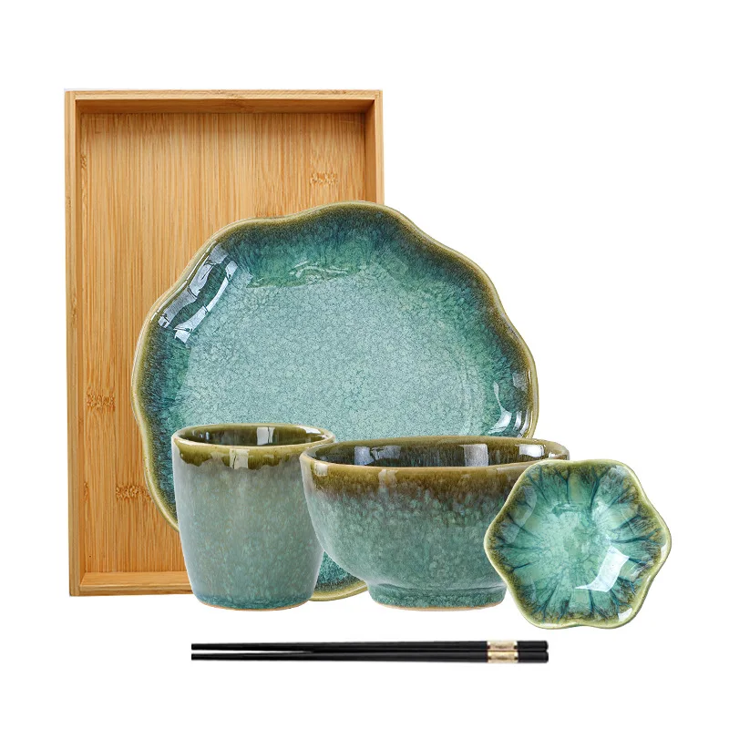 Stoviglie irregolari retrò giapponesi stoviglie in ceramica per la casa piatto/ciotola/piatto Set piatto in ceramica stoviglie stoviglie festa di compleanno 5