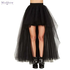 MisShow Hi-Lo Gonna Tutu Punk Gotica Morbido Tulle Elastico in Vita Alta Bassa Rete a Rete Costume Cosplay di Halloween Maxi Abito da Donna 1