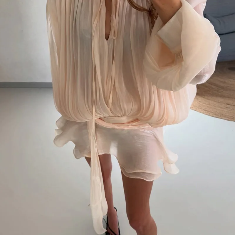 KWTX Elegante pizzo in raso Mini abito chic manica svasata pieghettato abito senza schienale nuova estate femminile cena festa spiaggia Vestido 2025 3