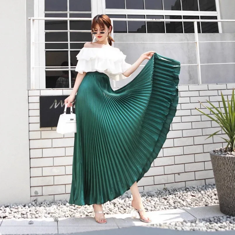 Vendita calda della stagione delle nuove donne lungo raso metallo lucentezza gonna a pieghe mezza lunghezza gonna a fisarmonica abito lungo fino al pavimento Fashionab 1