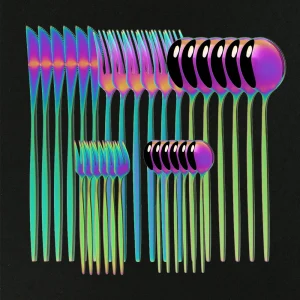 Set di 6 posate arcobaleno Set di posate colorate a specchio Set di stoviglie in acciaio inossidabile Set di forchette per cucchiaio da cucina in oro 1