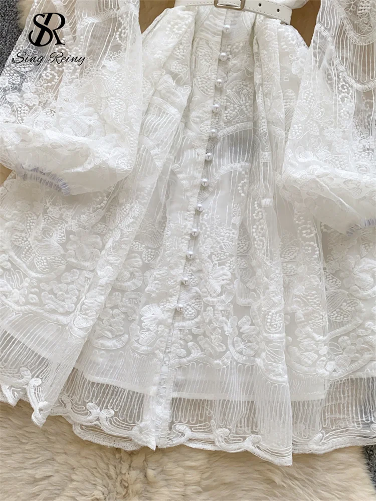 SINGREINY 2025 Abito da donna senior con scollo a V manica a lanterna ricamo con cintura vestito estivo sottile chic mini abito a rete delicata primaverile 4