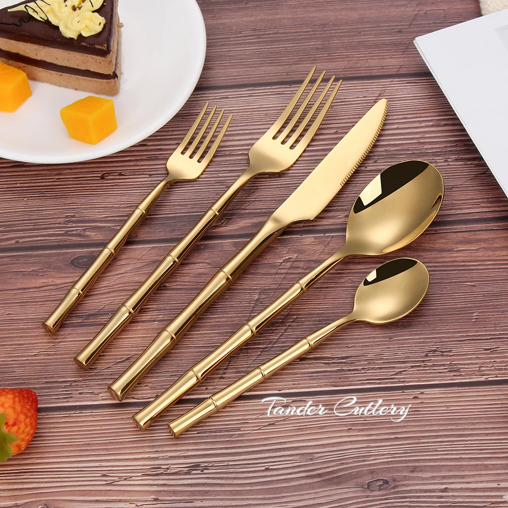 6/24/30 pezzi in acciaio inossidabile 304 stoviglie set di posate in oro set da pranzo con manico a forma di bambù occidentale coltello forchetta cucchiaio specchio 3