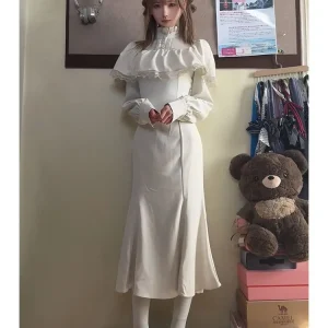 Stile gotico dolce primavera mantello bianco vita stretta dimagrante coda di pesce abito manica lunga piccante ragazza punk abiti lunghi per le donne 1