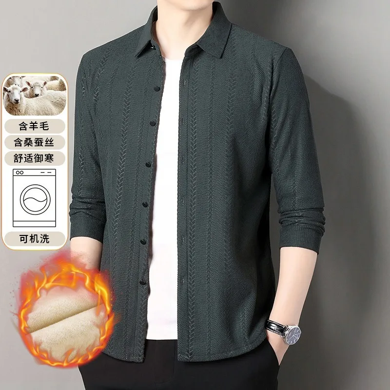 Camicie eleganti invernali in lana da uomo T-shirt e top in pile a maniche lunghe casual Camicia di seta di lusso delicata sulla pelle da lavoro elastica non stira 3