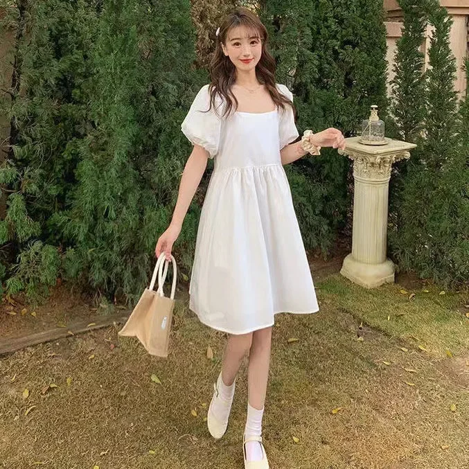 Vendita calda di seta fresca della stagione nuove donne studentesse versione coreana allentato dimagrante viola colletto quadrato abito con maniche a palloncino Fashio 5