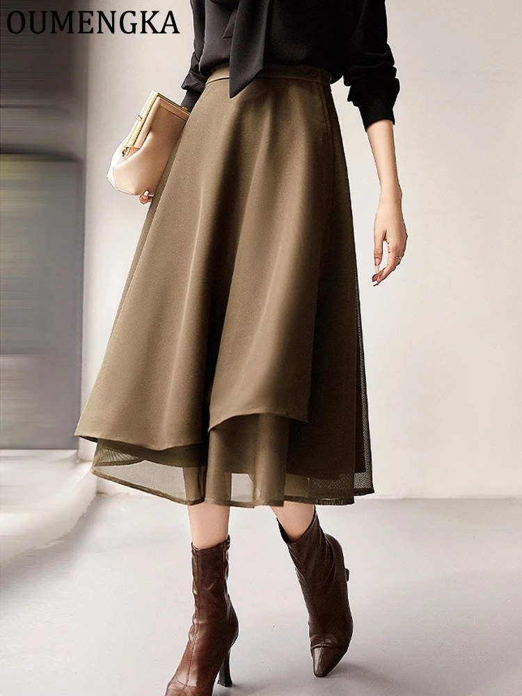 OUMENGKA Donna Chic Corea Moda Primavera Estate One Pieces Wrap Gonne Vita regolabile Donna A Line Gonne lunghe al ginocchio Mujer 1