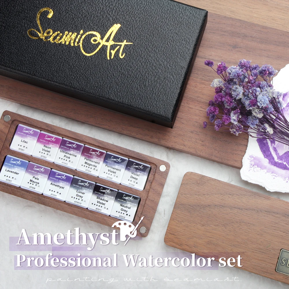 SeamiArt Set di acquerelli solidi professionali con ametista da 12 colori Sistema di colori viola con tavolozza di scatole di pittura in legno 2