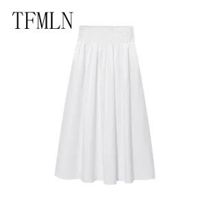 TFMLN Gonna elegante da donna abbinata a gonna bianca da donna chic Gonna casual con tasche da ragazza dolce Gonna di media lunghezza in vita elastica 1