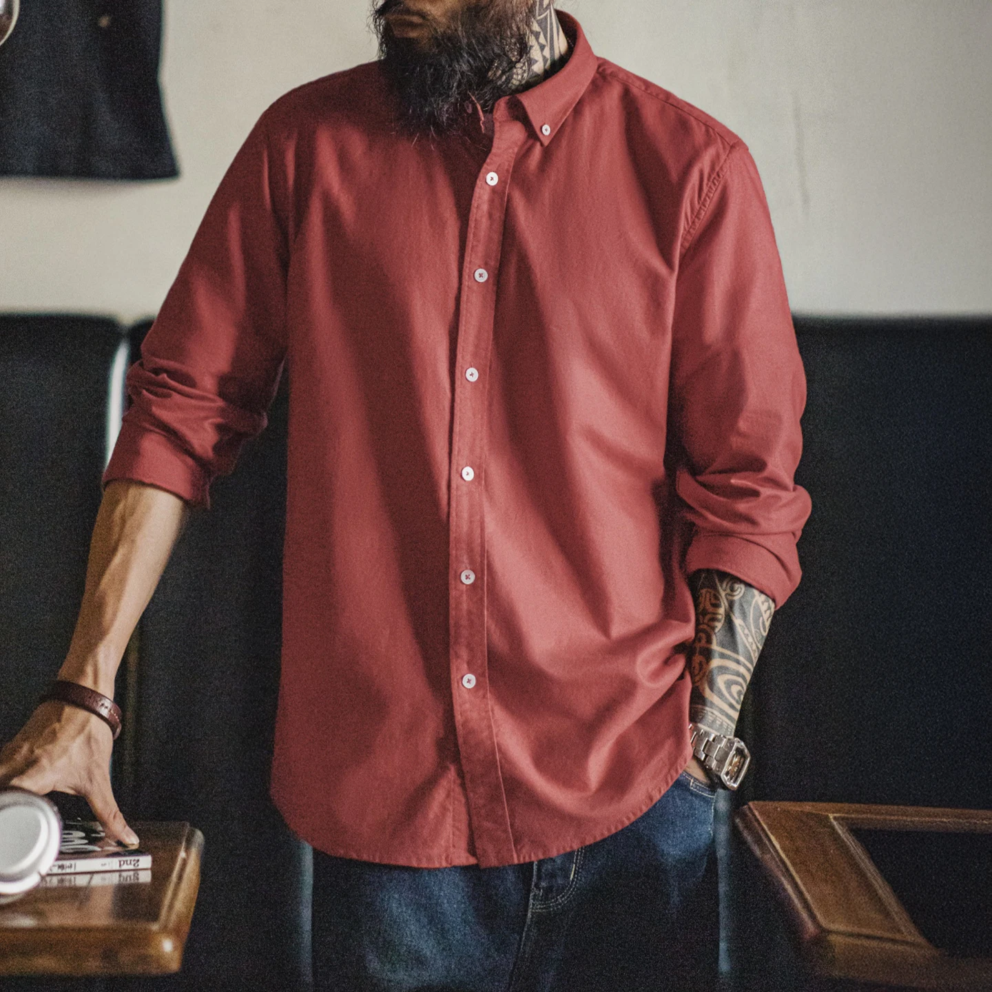 Maden Camicia Oxford vintage Camicia a maniche lunghe in cotone spazzolato da uomo Camicetta monopetto Top a strati tinta unita per l'autunno 2