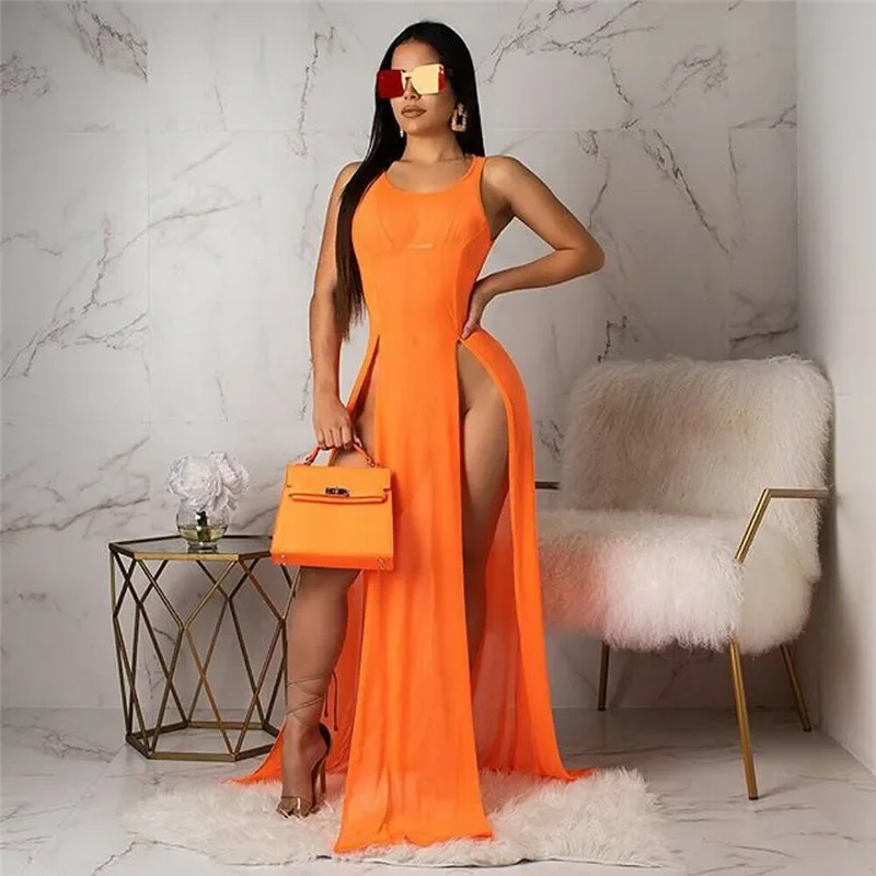 Abito lungo trasparente da donna sexy in rete, bikini da donna, copricostume da spiaggia, abito lungo trasparente solido, abito con cinturino senza maniche 6