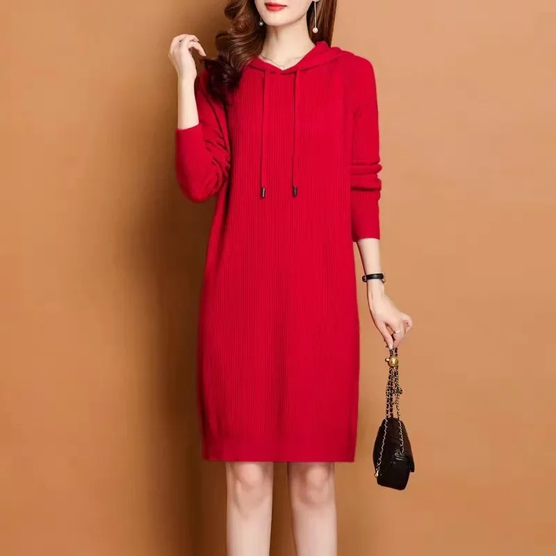 Abito invernale con cappuccio lavorato a maglia Abito da donna elegante dimagrante a maniche lunghe Abbigliamento da donna stagione autunno/inverno 2