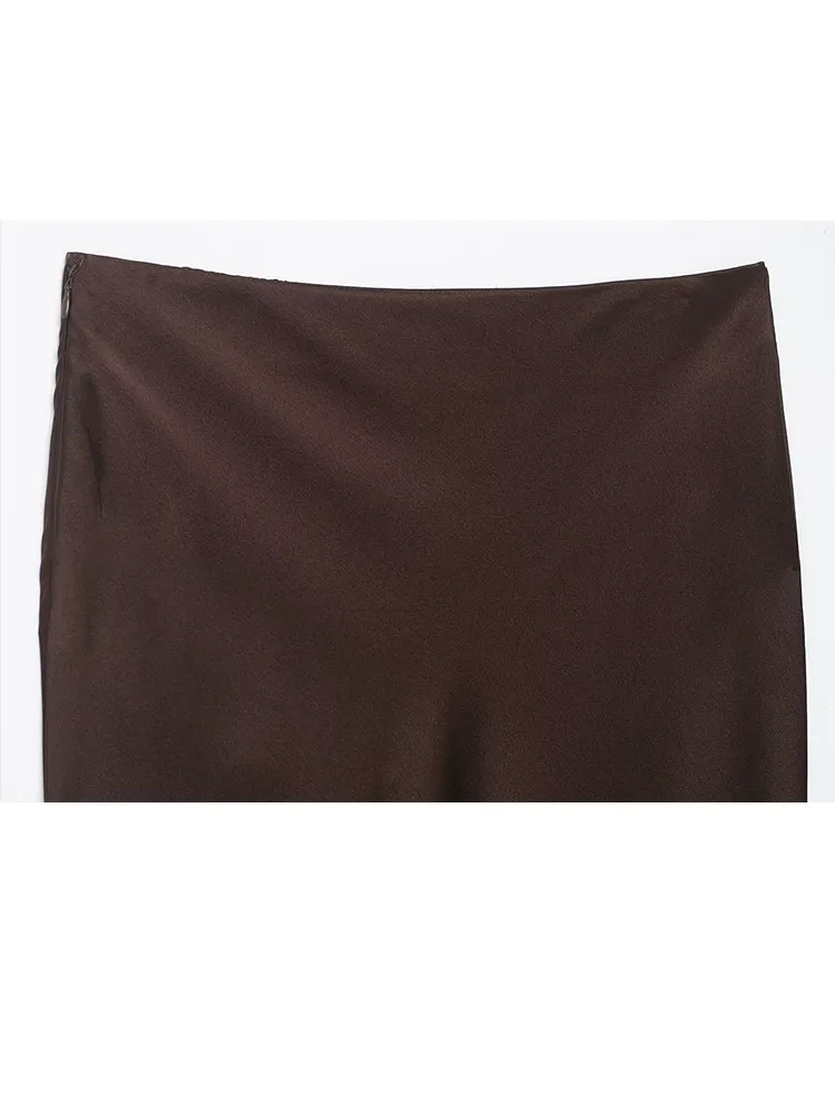 HH Gonna da donna in raso di seta di pizzo Moda con cerniera pieghettata Orlo con spacco Decorazione Gonna lunga marrone Gonna sottile da banchetto elegante femminile 4