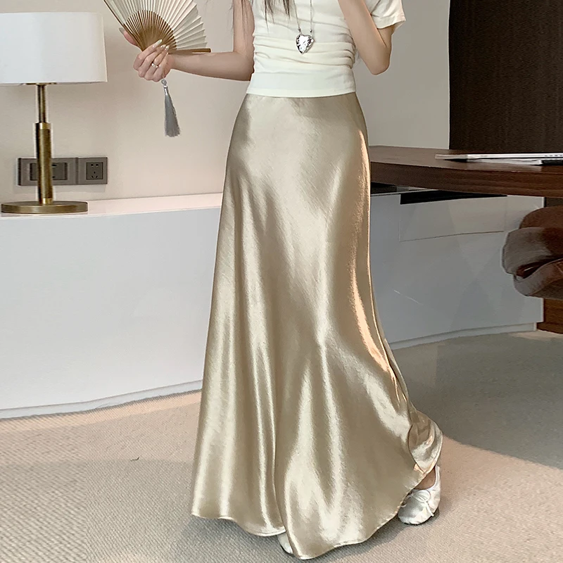 Seoulish elegante solido gonne di raso delle donne 2025 nuova primavera estate moda a vita alta avvolto ufficio signora gonne lunghe per le donne 2