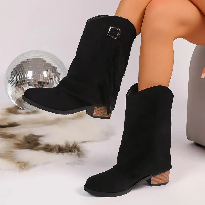 Stivali da cowboy occidentali con tacco alto spesso con nappa vintage Donna 2025 Stivali invernali a metà polpaccio in pelle scamosciata con fibbia in metallo Stivali lunghi da donna 6
