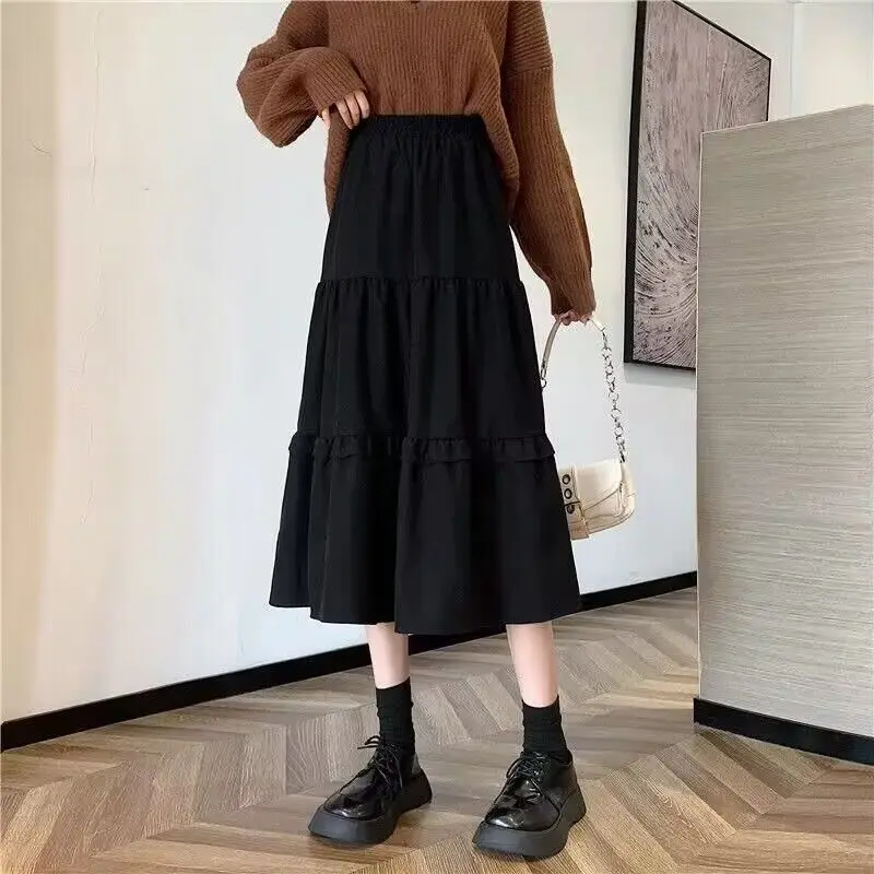 Autunno Inverno Nuova moda Elastico in vita Solido Abbigliamento donna Coreano Semplicità Tendenza Shirring Tendenza Dolce stile occidentale Gonne 3