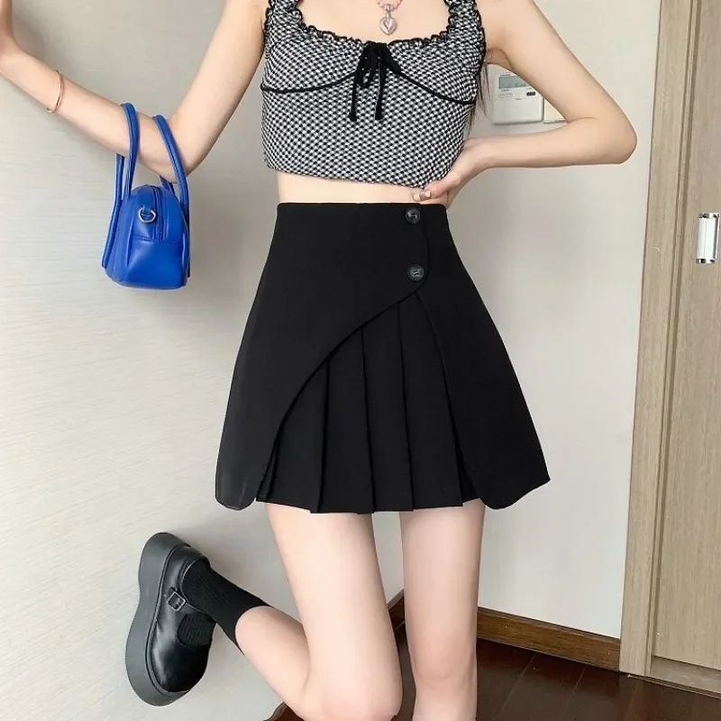 Design gonna a trapezio a vita alta donna mezza gonna grigia di fascia alta estate nuove ragazze alla moda stile College abiti corti pieghettati 5