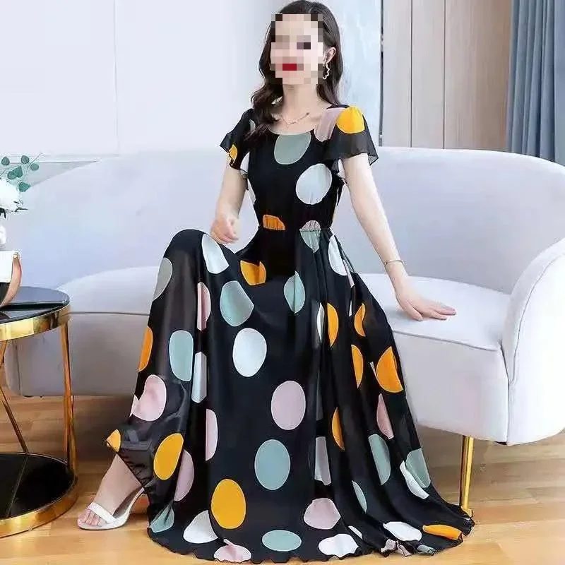 Vendita calda della stagione Nuovo abito lungo con gonna da spiaggia a pois vintage ingombrante in vita lunga Abito lungo con orlo fluente Abito laterale oceano da donna 4