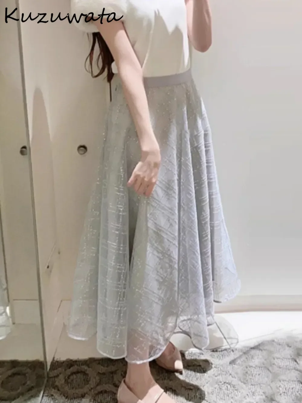 Kuzuwata Gonna scozzese a trapezio a vita alta tutto-fiammifero Gonne ricamate con stampa a pannelli di media lunghezza Giappone Elegante lucido Falda squisita 2