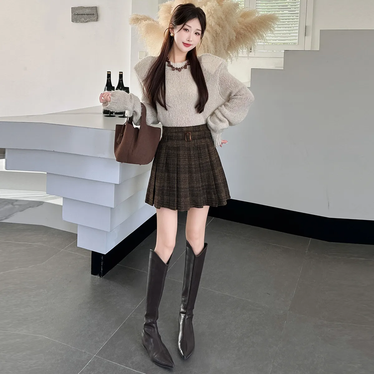 LOUIS YAO New High Street Gonna da donna in misto lana 2025 Autunno Inverno Giocosa Gonna longuette Griglia a vita alta A-line Mezze gonne 3