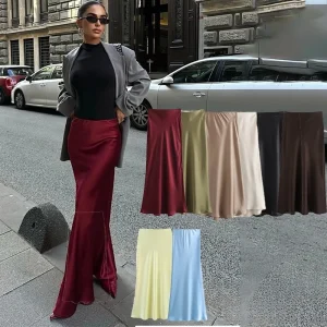 KONDALA Gonne lunghe in raso solido vintage Donna Gonne setose elastiche a vita alta Moda 2025 Gonne dritte eleganti primaverili 1