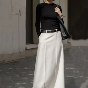 Lemongor Gonne a trapezio a vita alta di colore bianco nero da donna 2025 Nuova gonna lunga da pendolare per ufficio casual urbano moda primaverile 1