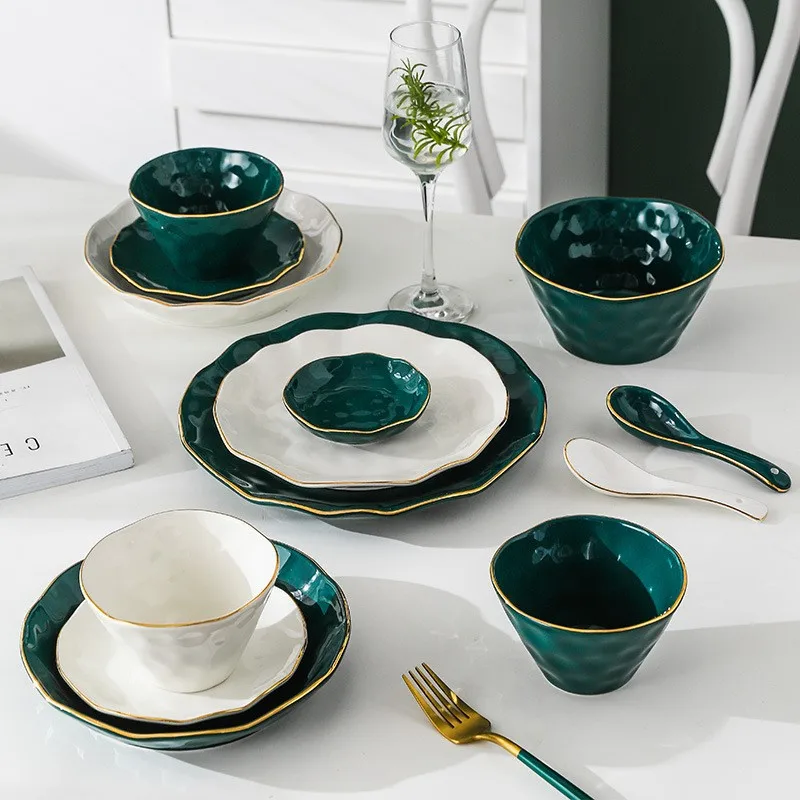 Set di stoviglie per piatti in ceramica nordica verde di alta moda Set di stoviglie Set di ciotole per zuppa in porcellana in stile moderno 6