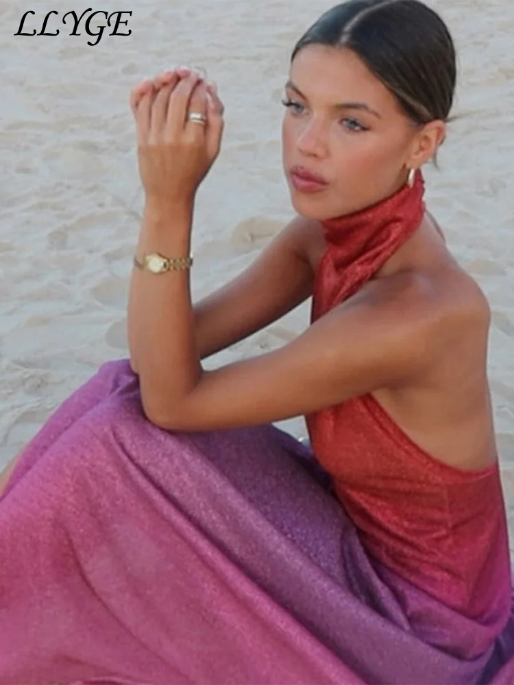 Abito sexy con spacco laterale lucido Abito da donna elegante senza maniche con schienale all'anca 2025 Abiti da festa di colore estivo da donna 5