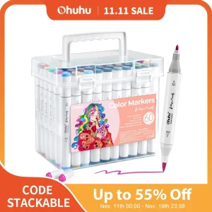 Ohuhu Pennarelli Pennarelli da colorare a base d'acqua delicati sulla carta 60 colori Punte Fineliner a doppio pennello Pennarelli Libri da colorare Pennarelli artistici 1