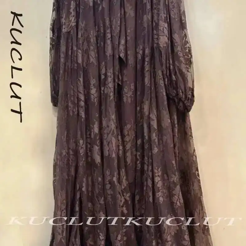 KUCLUT 2025 delle Donne di Modo Del Merletto Del Fiore Stampato Abiti Elegante di Colore Solido Manica Lunga a Metà Polpaccio Vestito Femminile Alla Moda Nuovo K123 4