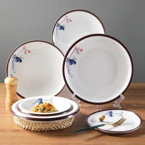 Piatto rotondo in melamina Piatto da pranzo in plastica con motivo floreale Piatto da insalata per bistecche commerciali Accessori da cucina per dischi da frutta per la casa 1