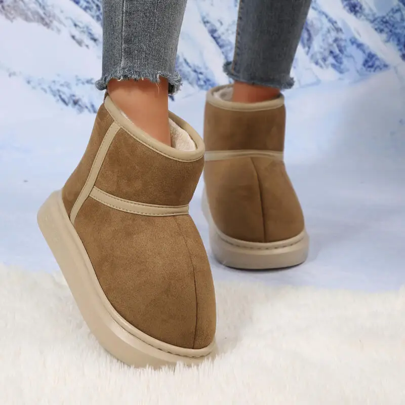 Stivaletti da neve in pelle scamosciata con fondo spesso e punta tonda carina da donna 2025 Stivaletti lunghi in peluche caldi invernali Stivaletti corti da donna pelosi 2